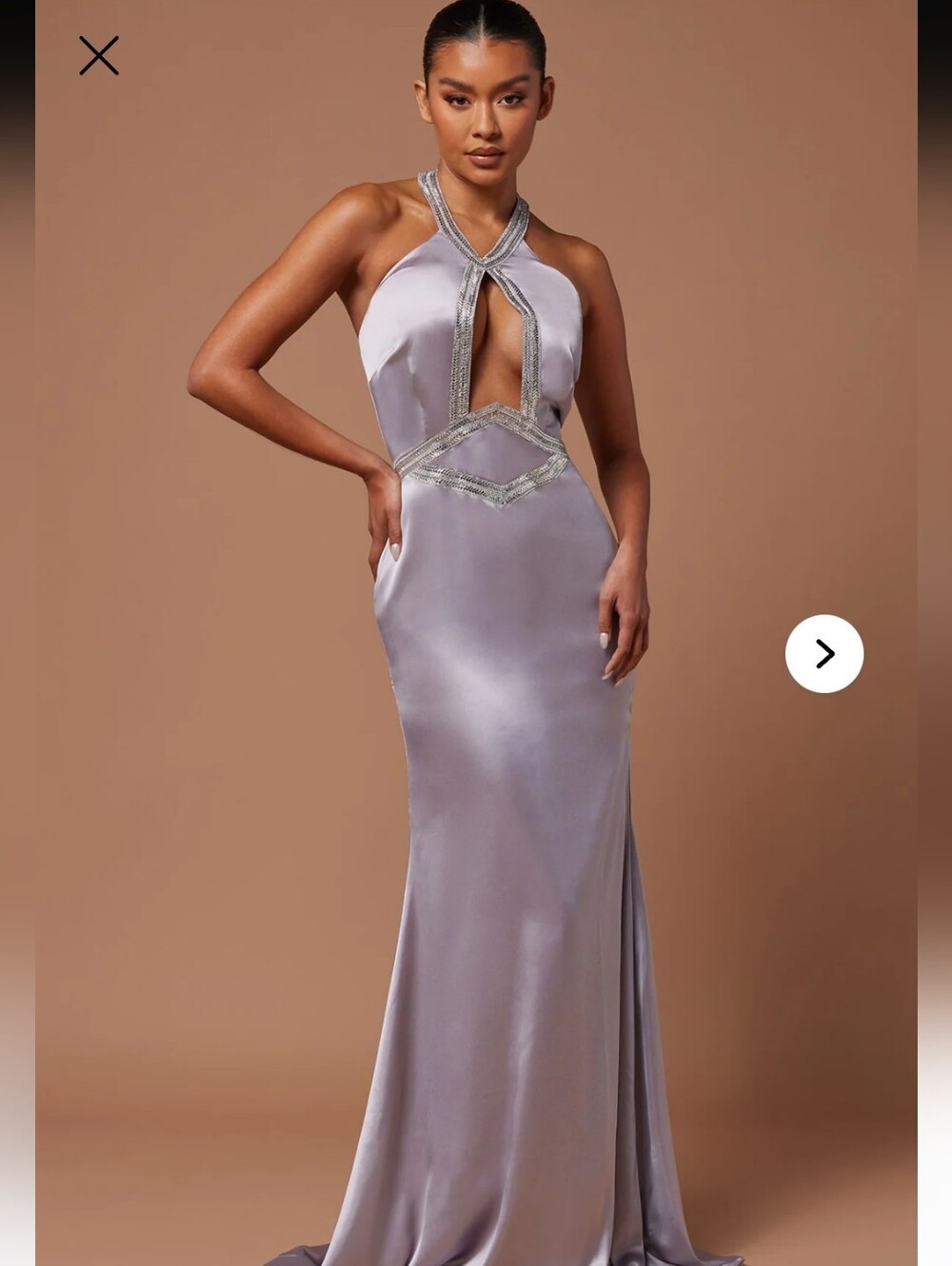 Fashion Nova Lavender Satin Halter Prom Gown with Beaded Trim